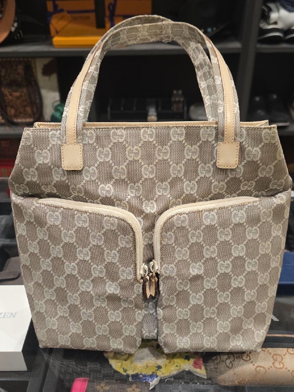 Gucci Beige Monogram Canvas Tote with Dual Front Zip Pockets
